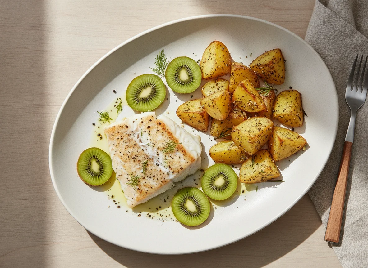 Fish with roasted potatoes and kiwis photo