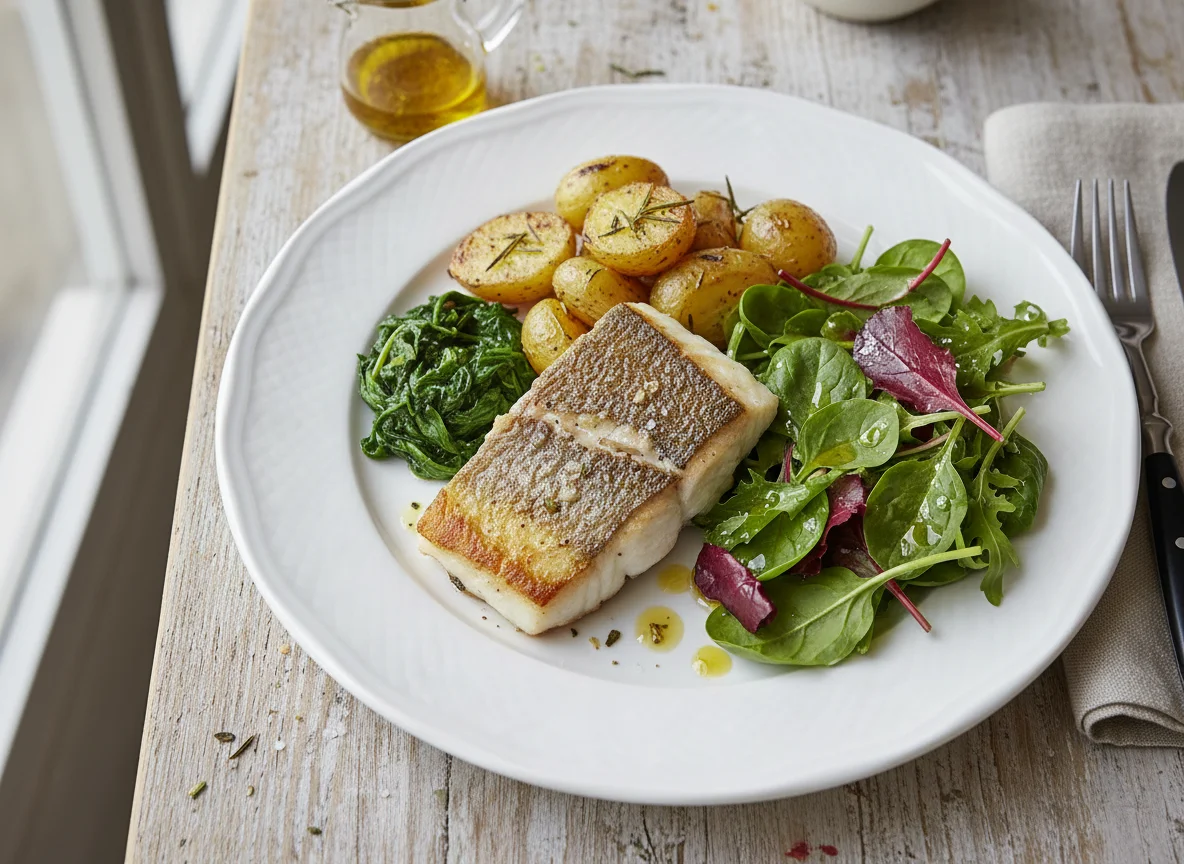 Fish with Roasted Potatoes and Spinach photo
