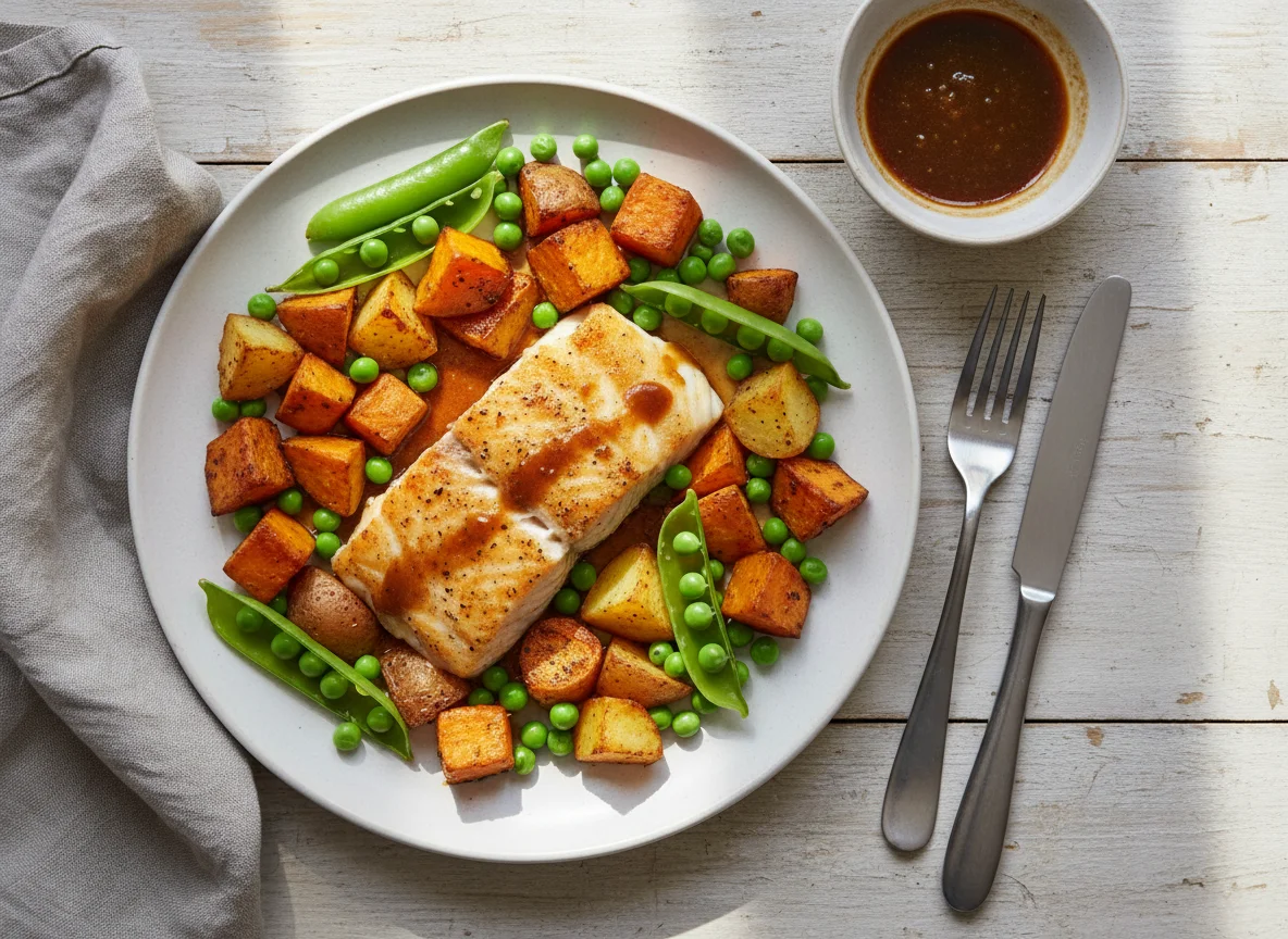 Fish with Roasted Vegetables and Peas photo