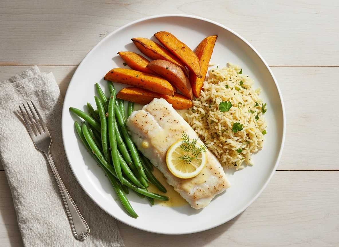 Fish with Sweet Potato Wedges, Green Beans and Rice photo