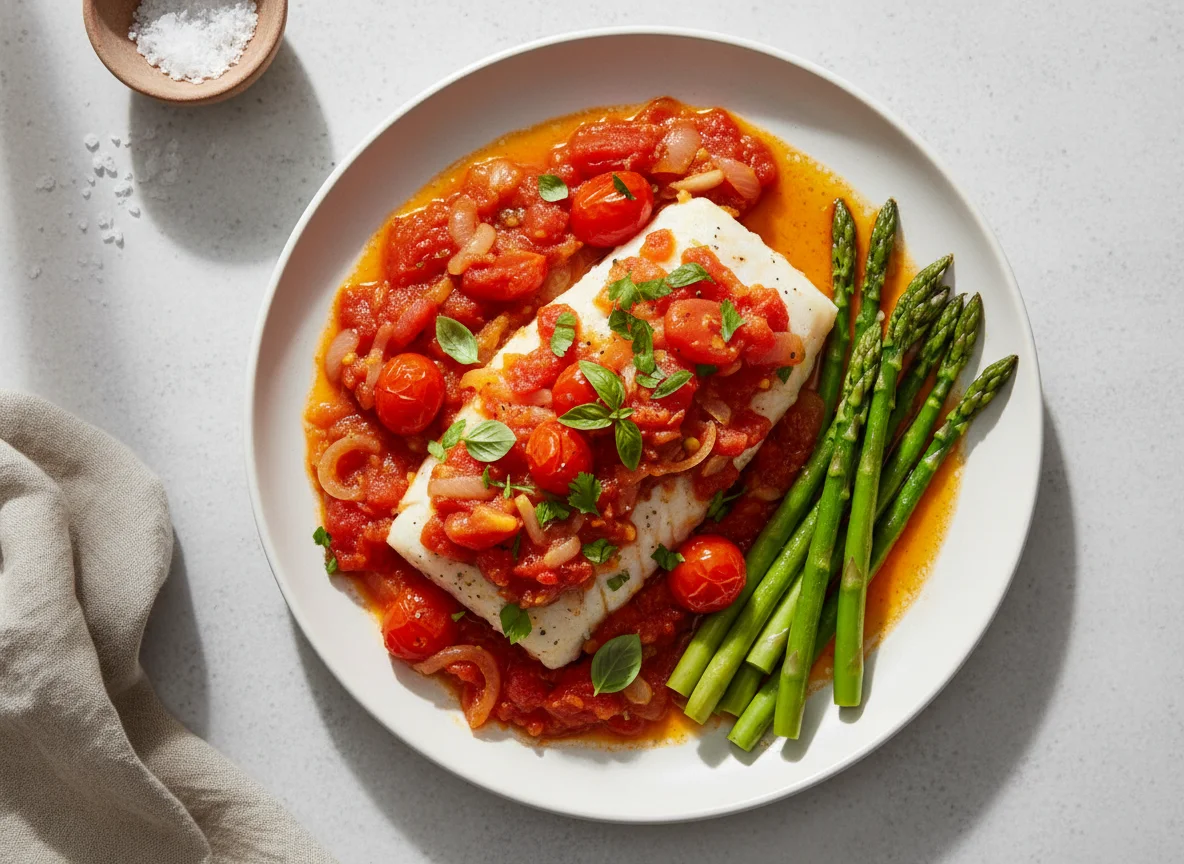 Fish with Tomato and Onion Sauce and Asparagus photo