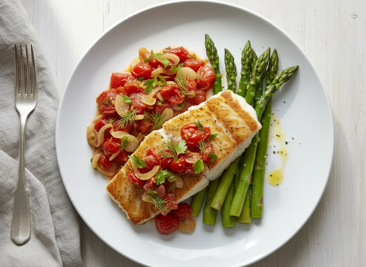 Fish with Tomato, Onion and Fennel Sauce and Asparagus photo