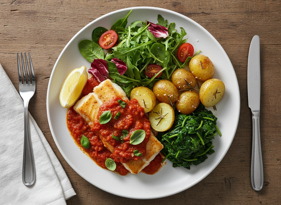 Fish with Tomato Sauce, Roasted Potatoes, Spinach, and Mixed Salad photo