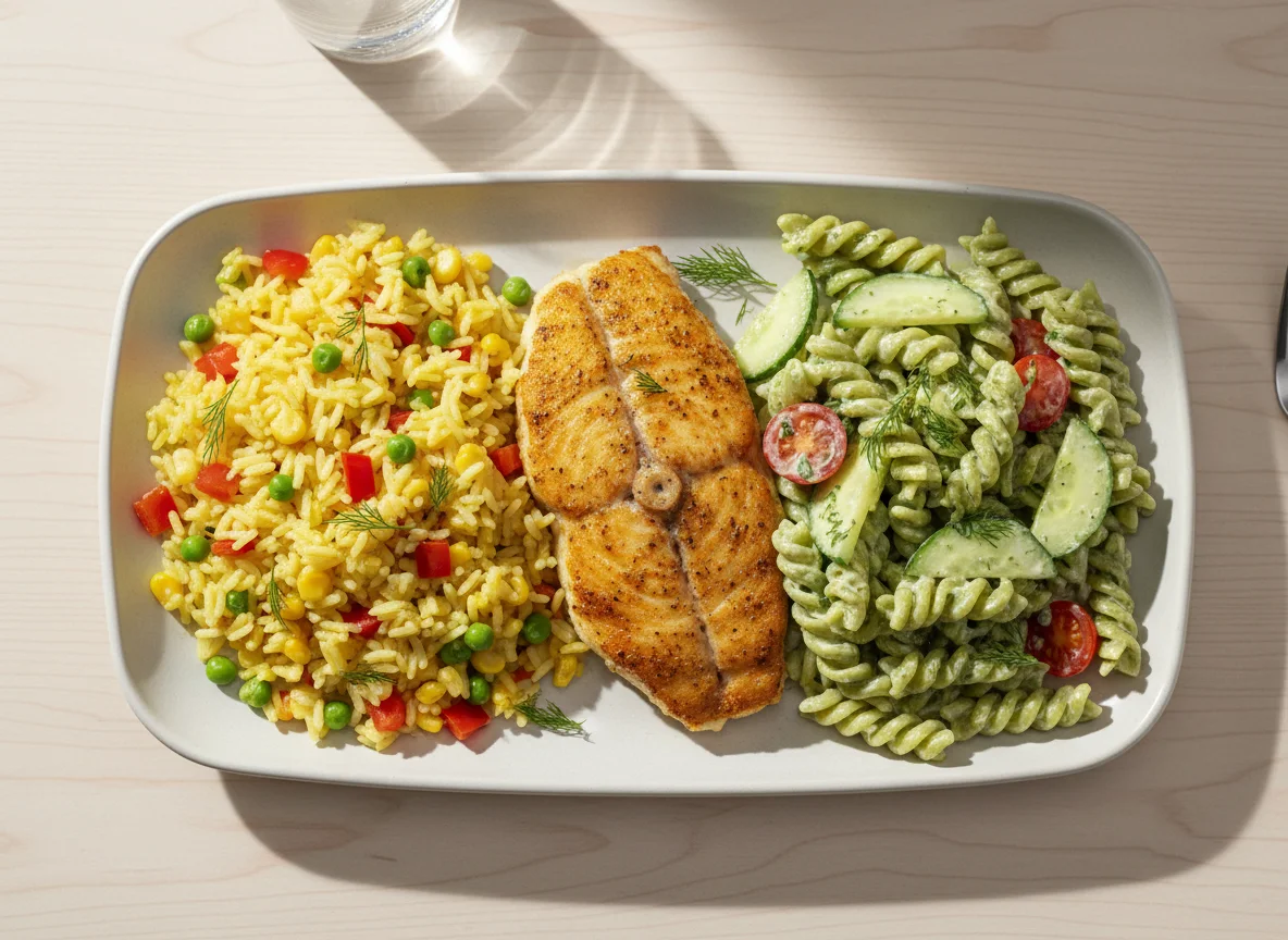 Fish with Yellow Rice and Pasta Salad photo