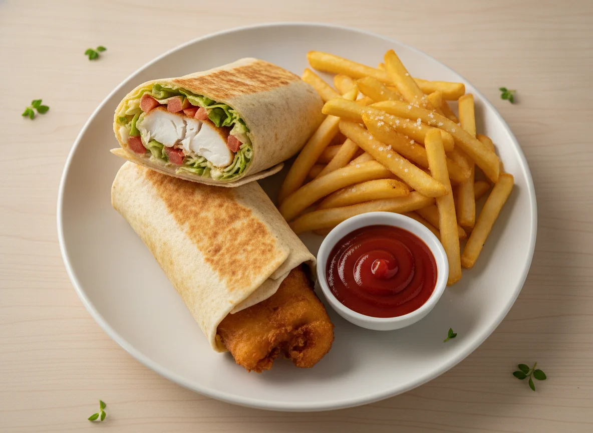 Fish Wrap with Fries and Ketchup photo