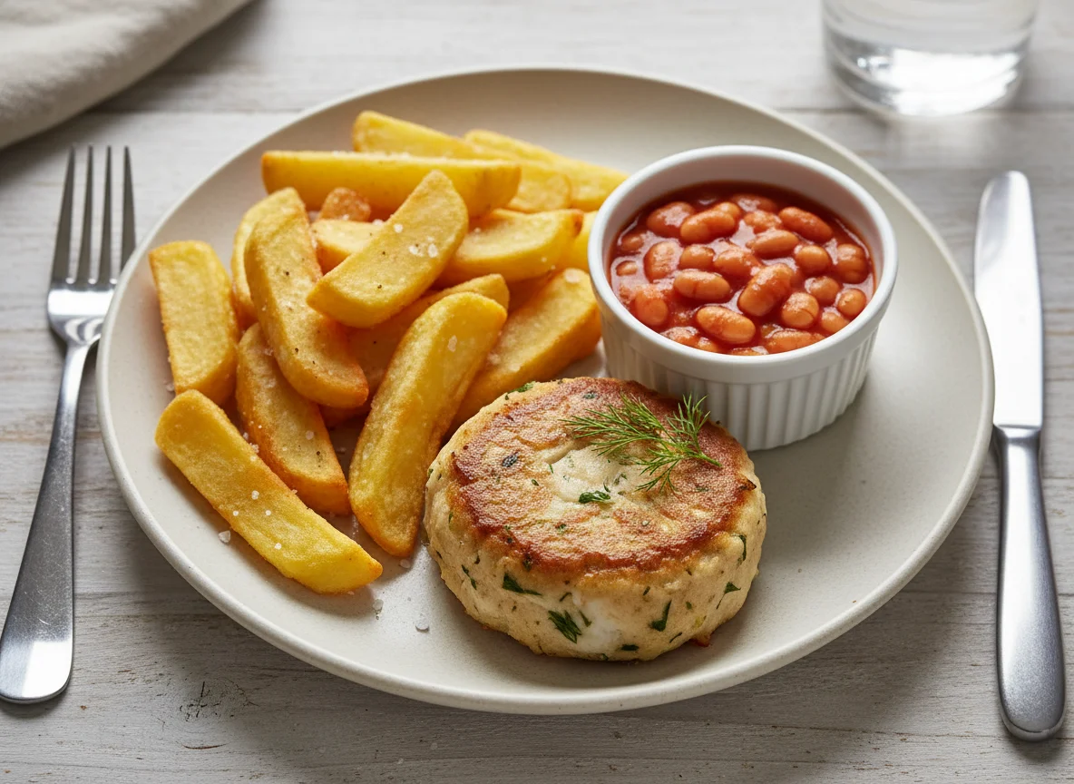 Fishcake with chips and baked beans photo