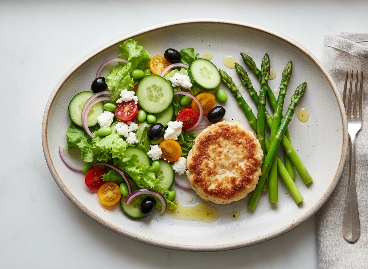Fishcake with Greek-style salad and asparagus photo