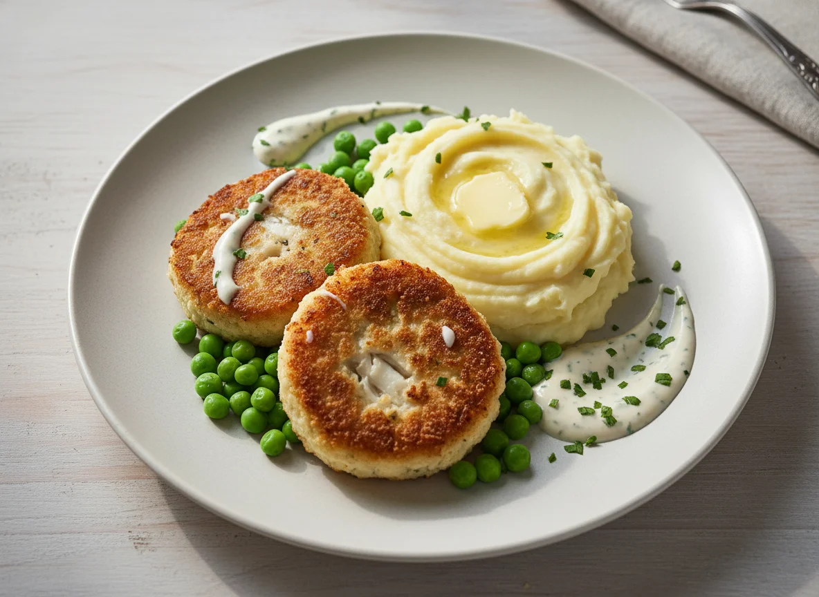 Fishcake with mashed potatoes, peas and Nando's garlic sauce photo