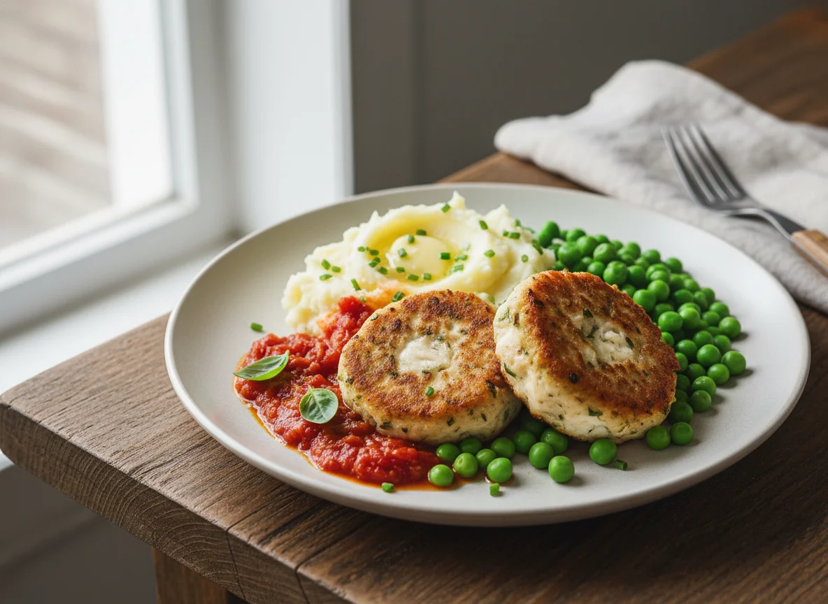 Fishcake with Mashed Potatoes, Peas and Sauce photo