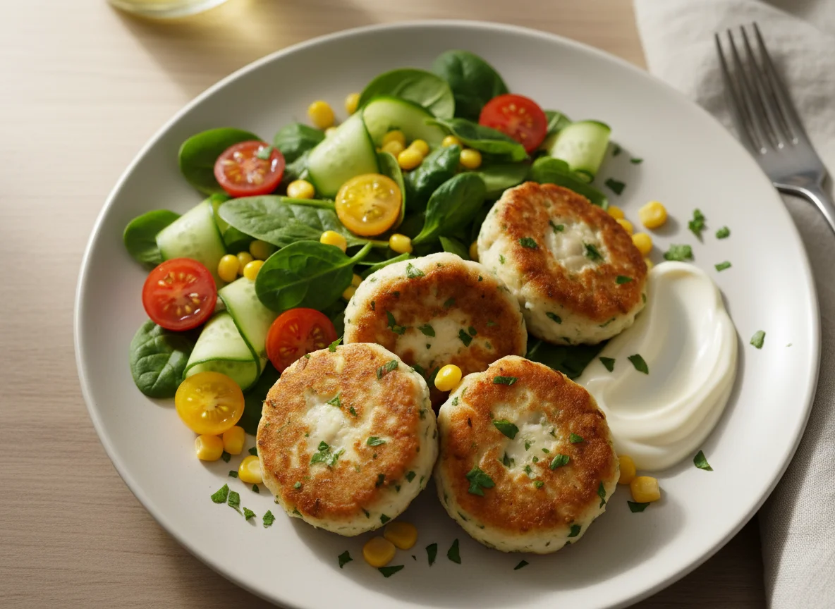 Fishcakes with mixed salad and mayonnaise photo