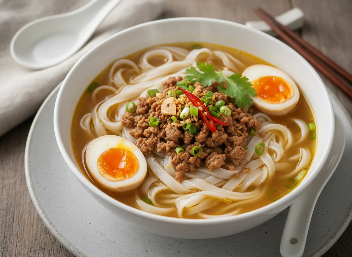 Flat Rice Noodle Soup with Minced Pork photo