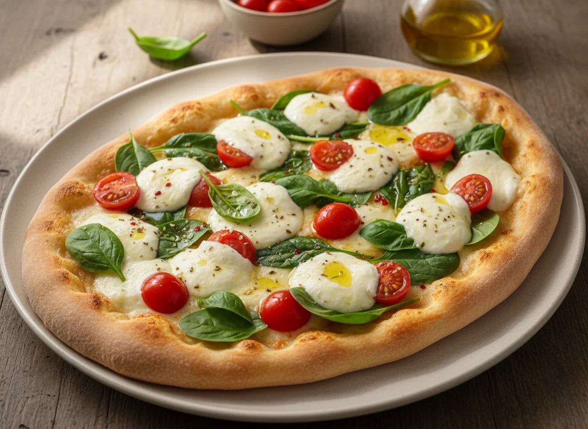 Flatbread Pizza with Tomatoes, Cheese, and Greens photo