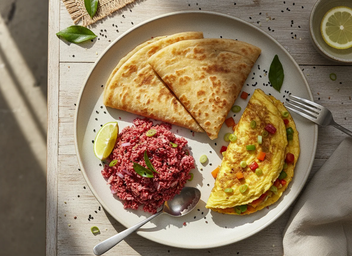 Flatbread with Coconut Sambol and Vegetable Omelette photo