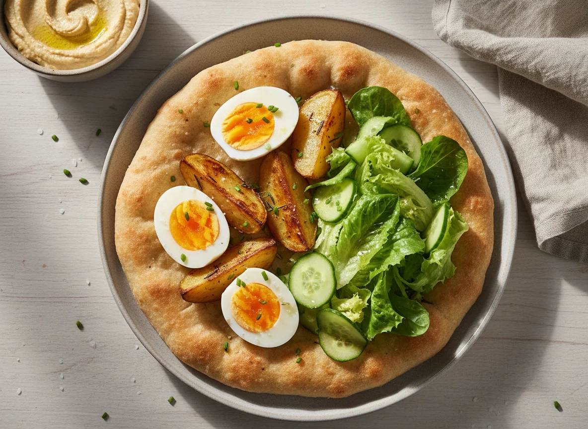 Flatbread with Egg, Potatoes, and Salad photo