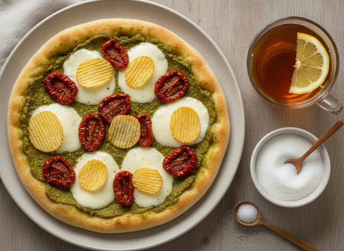Flatbread with mozzarella, sun-dried tomatoes, crisps and tea photo