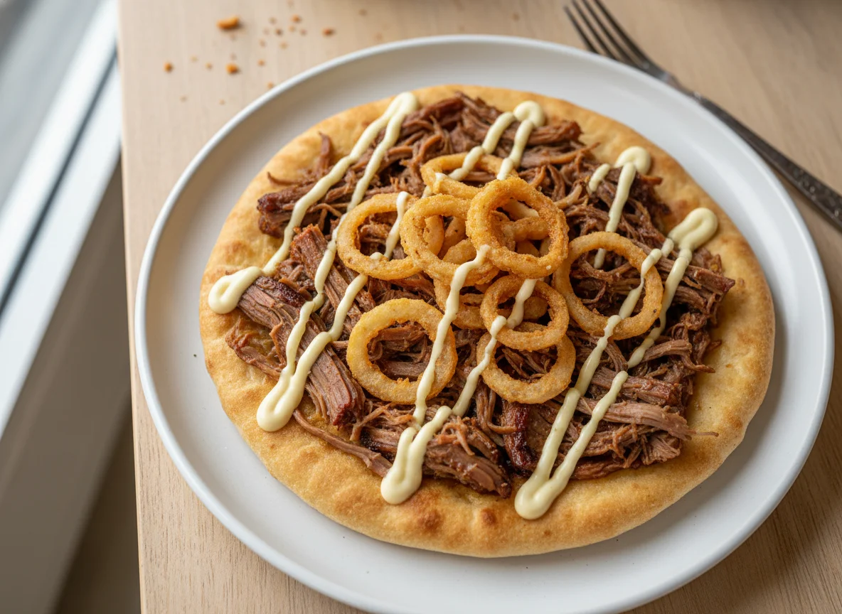 Flatbread with Pulled Meat, Fried Onions and Sauce photo