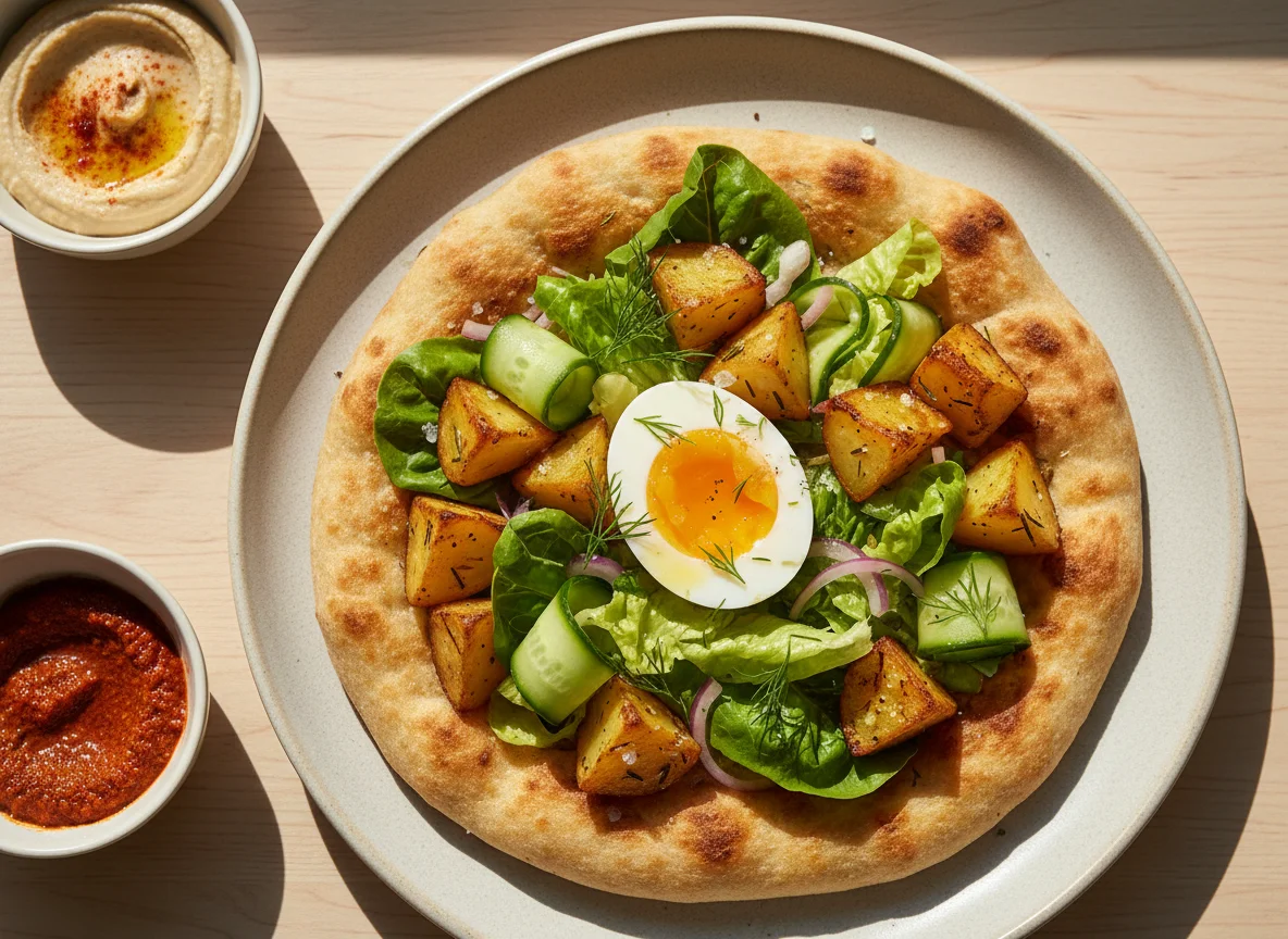 Flatbread with Roasted Potatoes, Egg, and Vegetables photo
