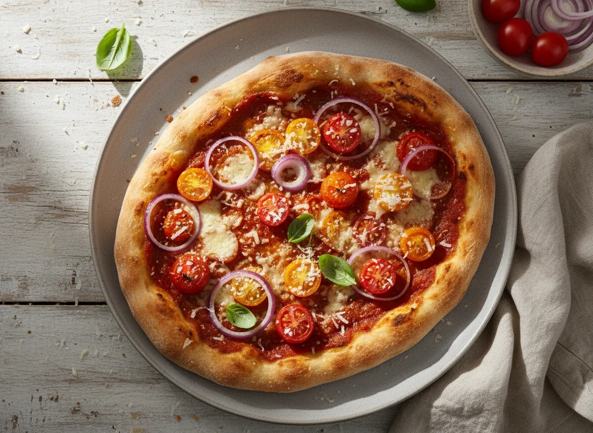 Flatbread with Tomatoes, Onion, and Cheese photo