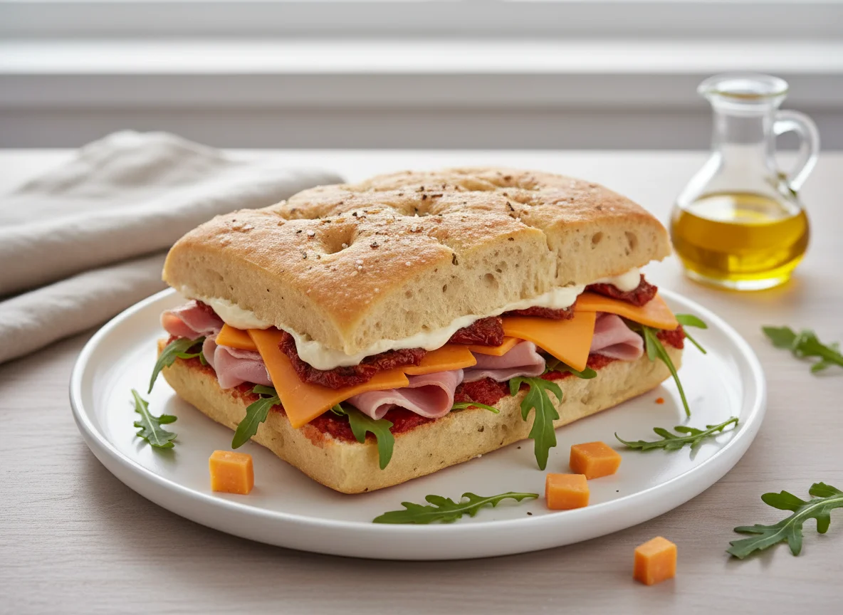 Focaccia Sandwich with Ham and Cheese photo