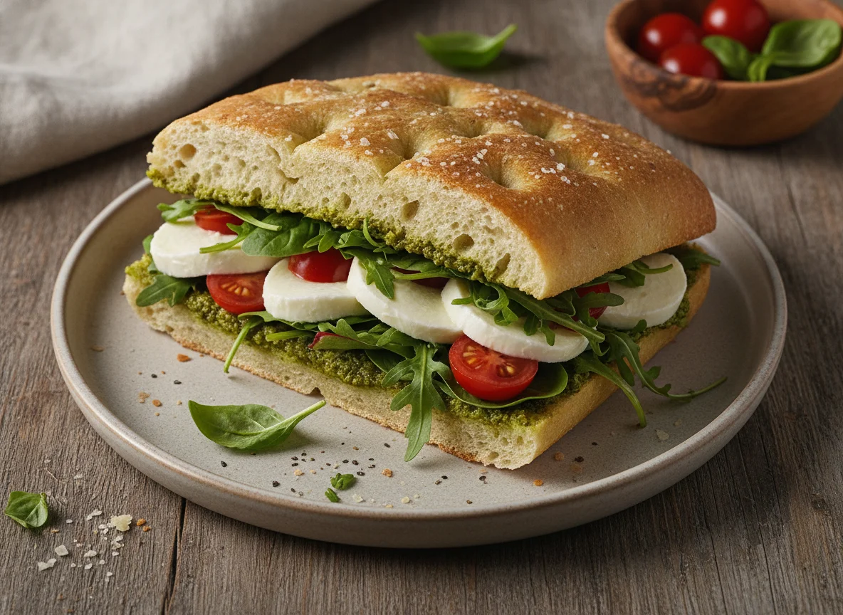 Focaccia Sandwich with Pesto and Vegetables photo