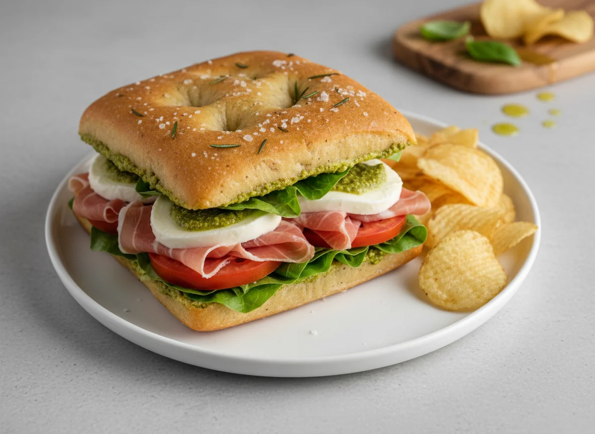 Focaccia Sandwich with Prosciutto and Chips photo