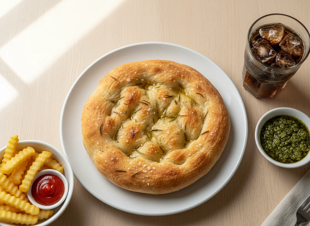 Focaccia with drink and sauce photo
