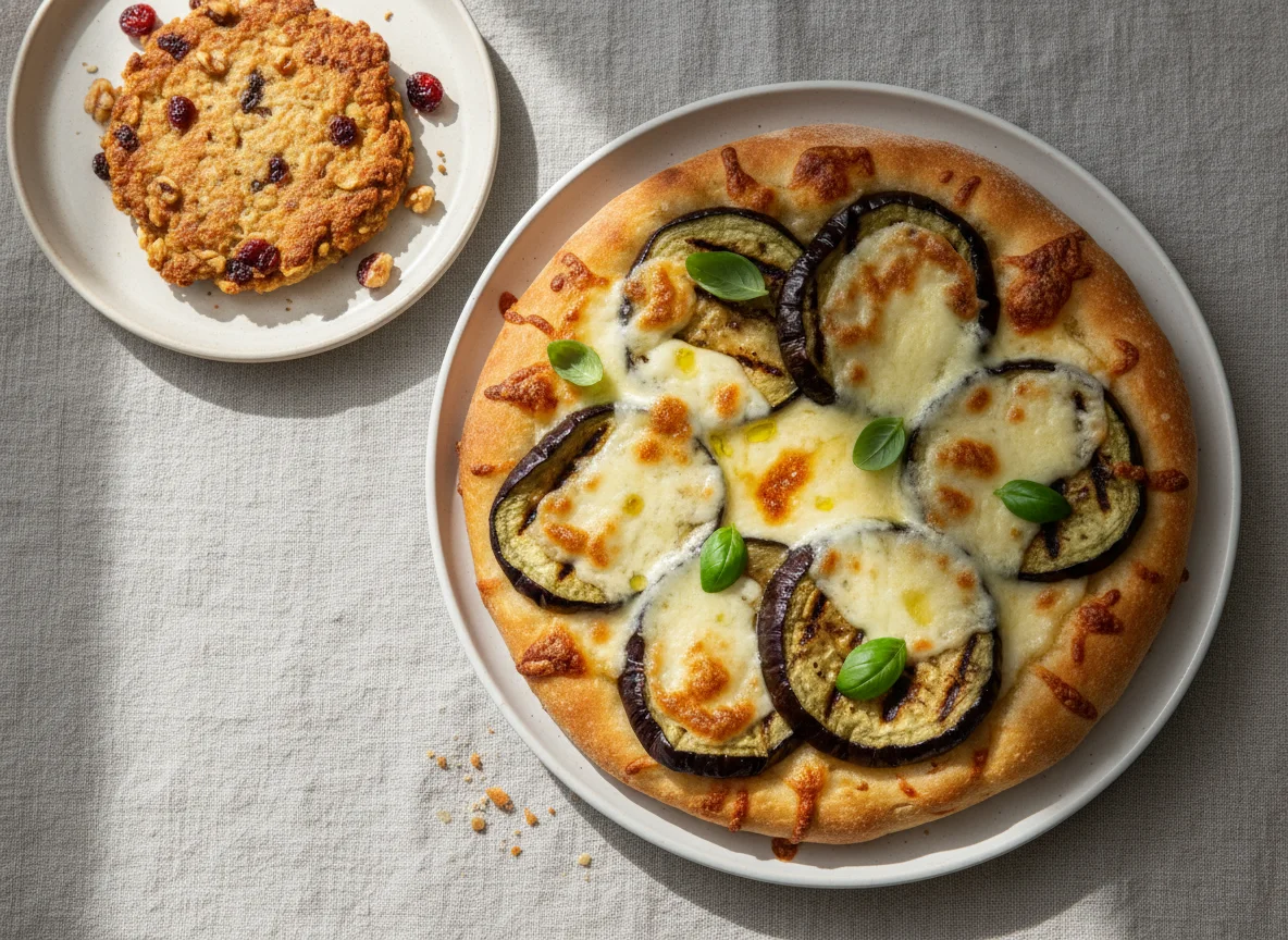 Focaccia with Melted Cheese and Aubergine, with a side pastry photo