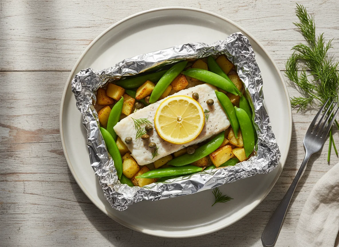 Foil-baked Fish with Snap Peas and Potatoes photo
