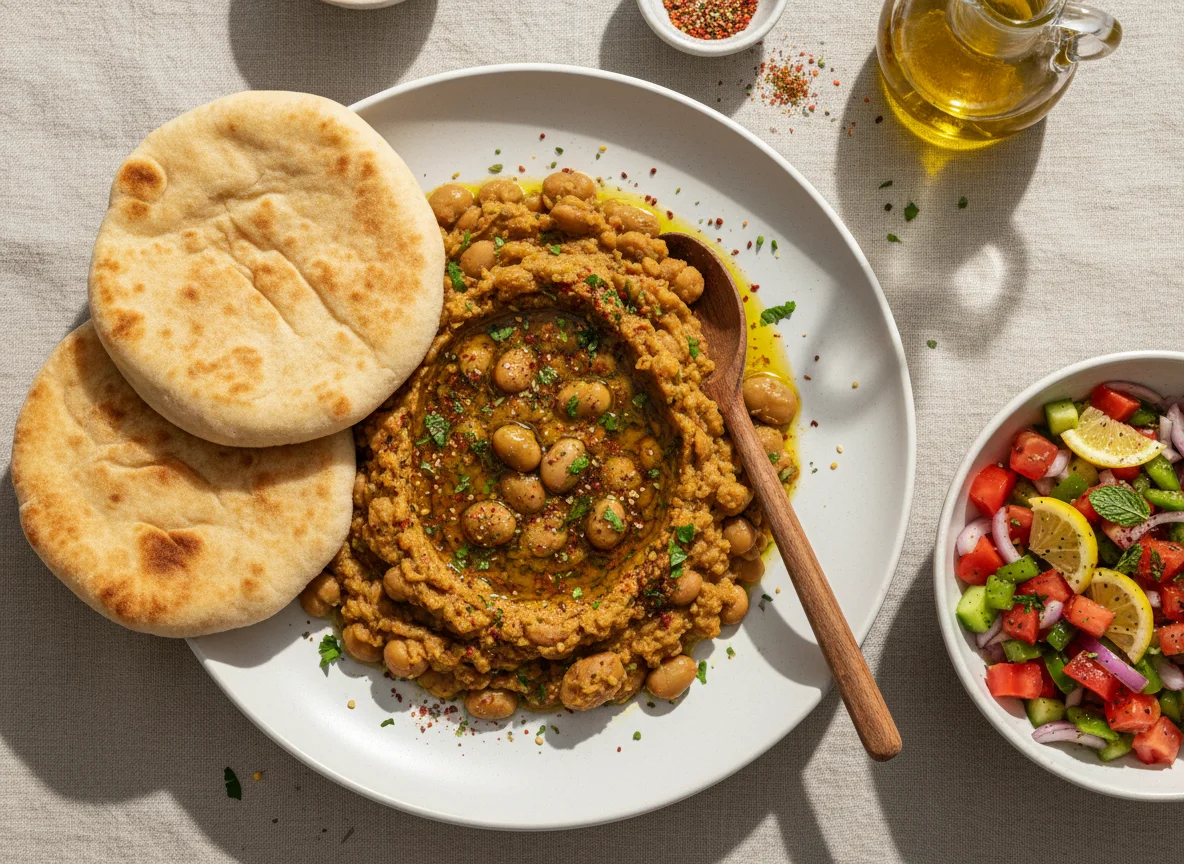 Foul Medames with Arabic Bread and Tomato Salad photo