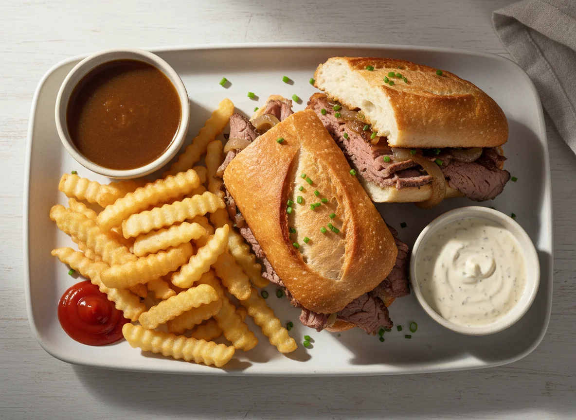 French Dip Sandwich with Fries and Dips photo