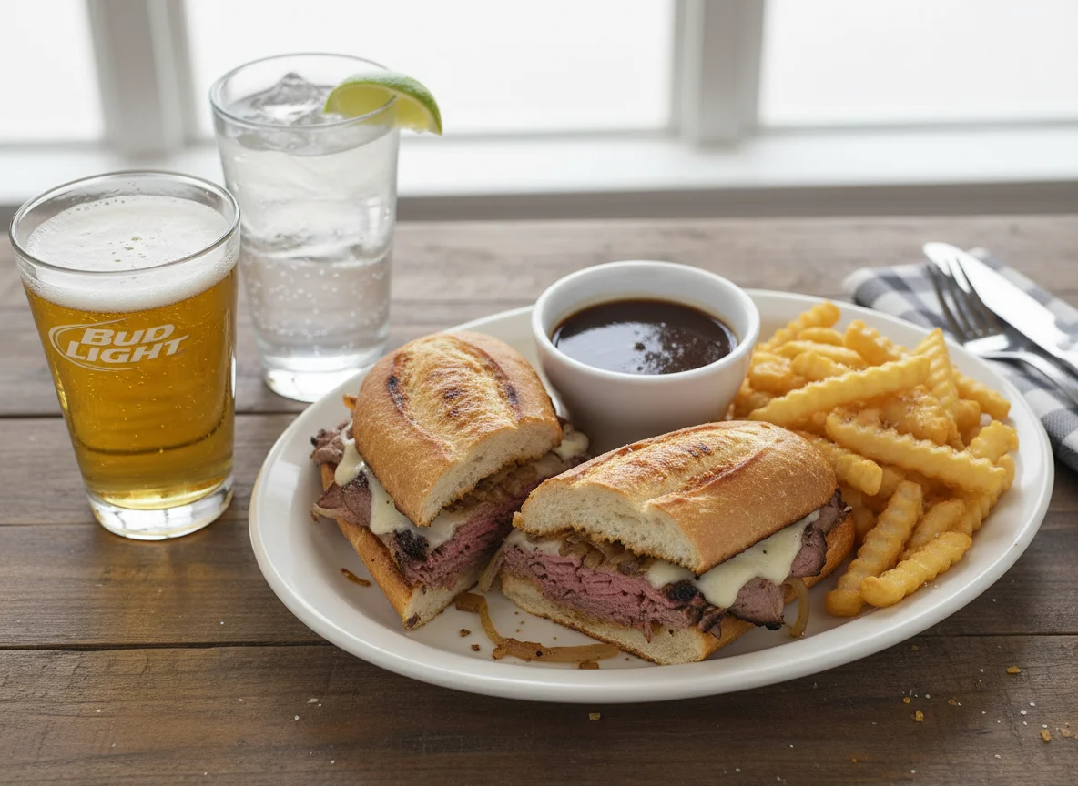 French Dip Sandwich with Fries and Drinks photo