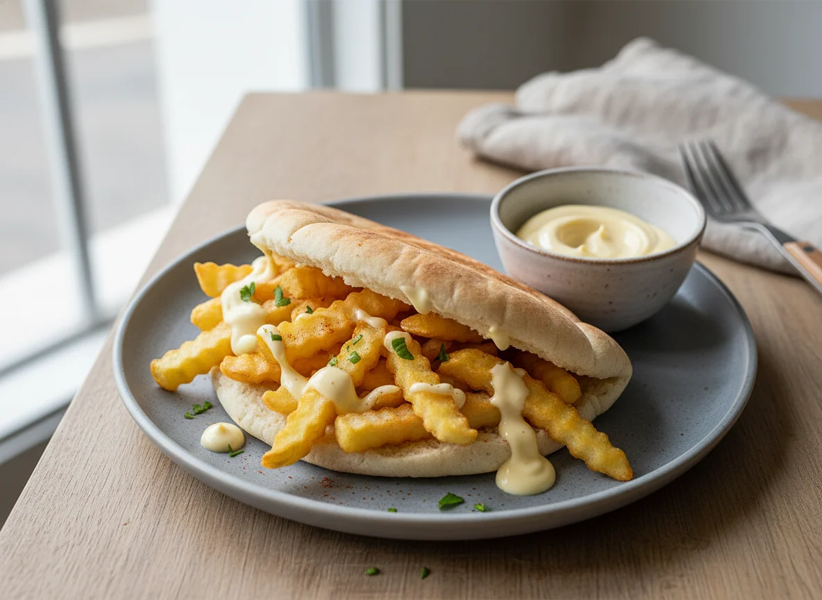 French Fries in Pita with Sauce photo