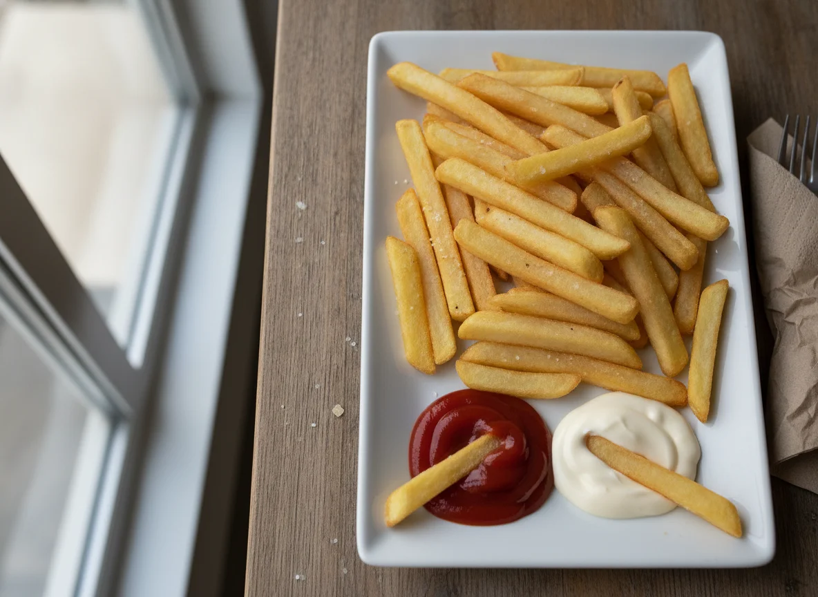 French fries with ketchup and mayonnaise photo