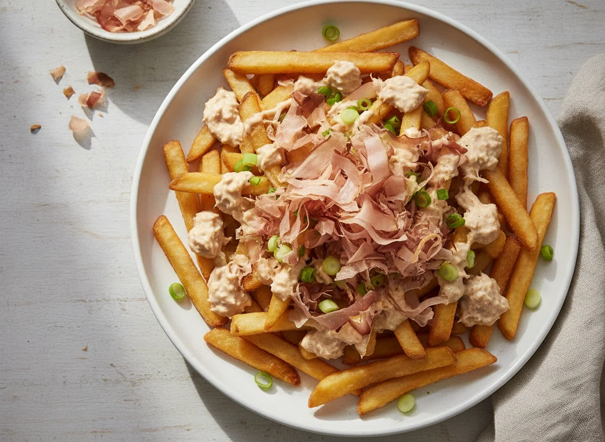 French fries with tuna sauce and bonito flakes photo