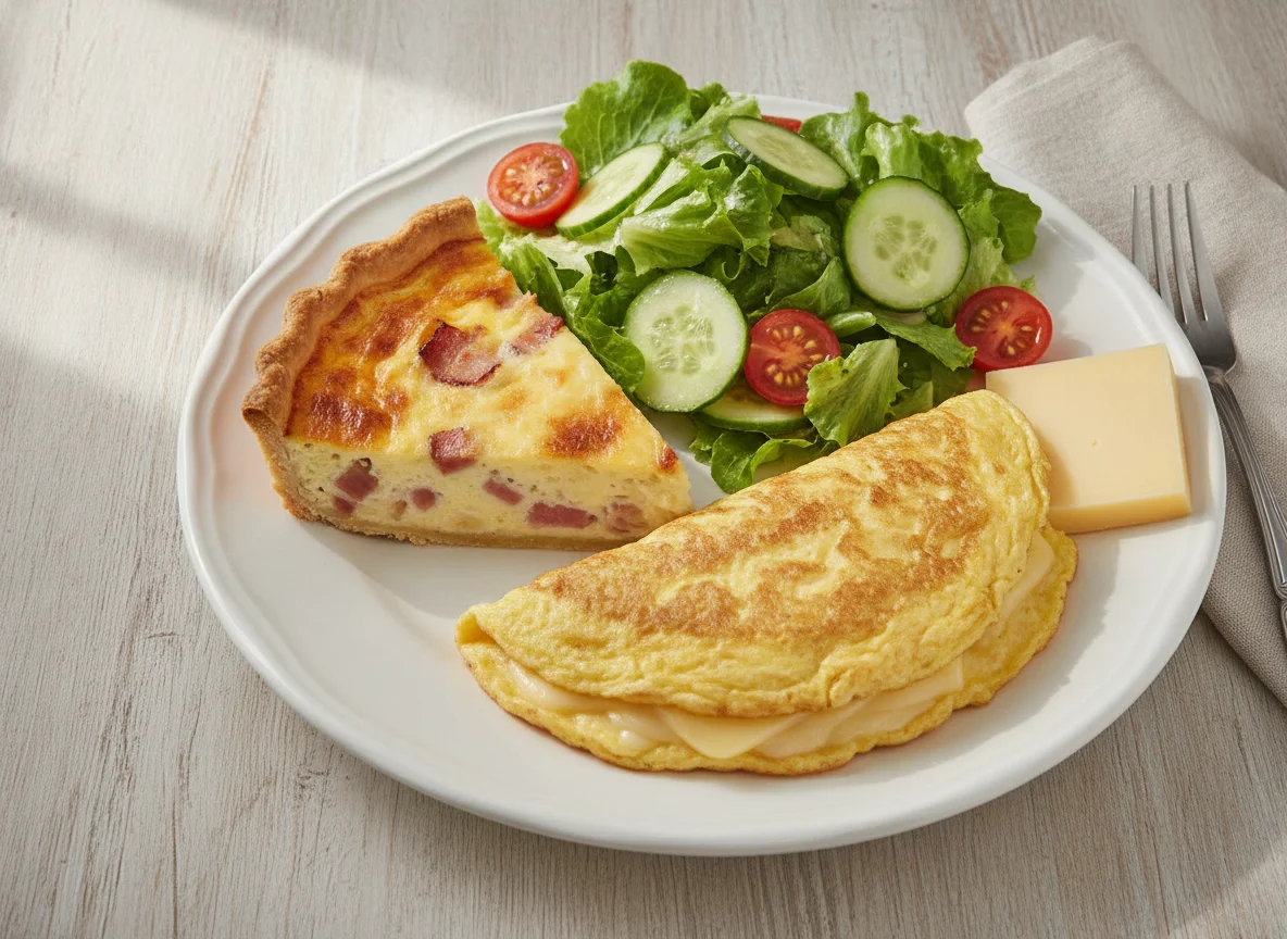 French lunch plate with quiche, omelette, and salad photo