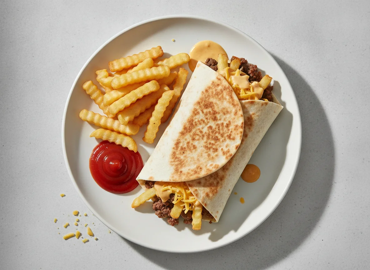 French Tacos with French Fries and Ketchup photo