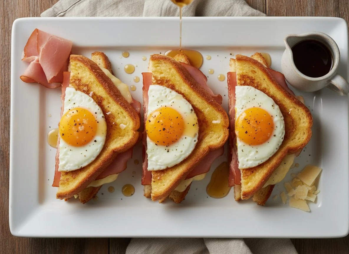 French Toast Sandwiches with Ham, Cheese and Egg photo