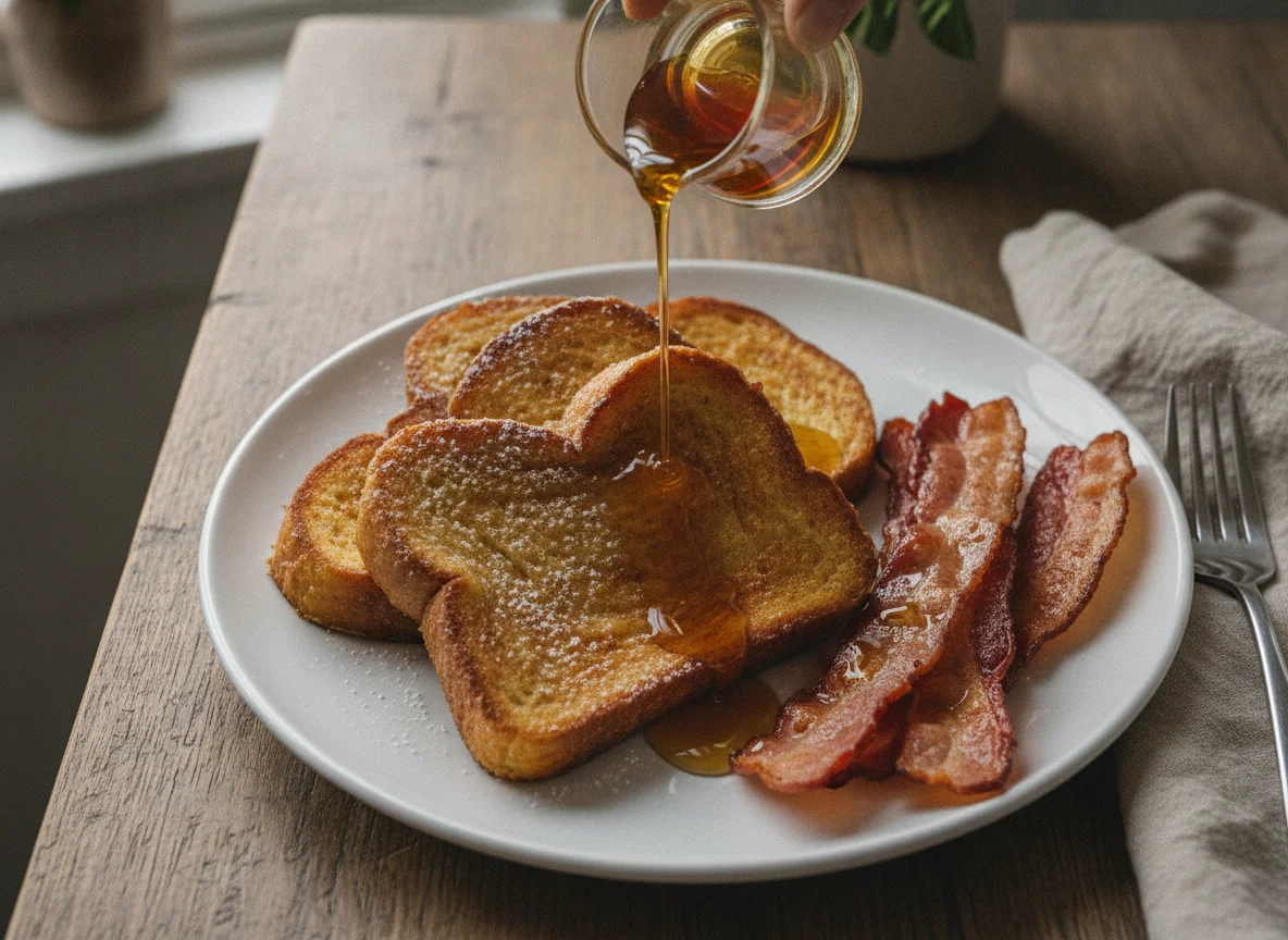 French toast with bacon and maple syrup photo