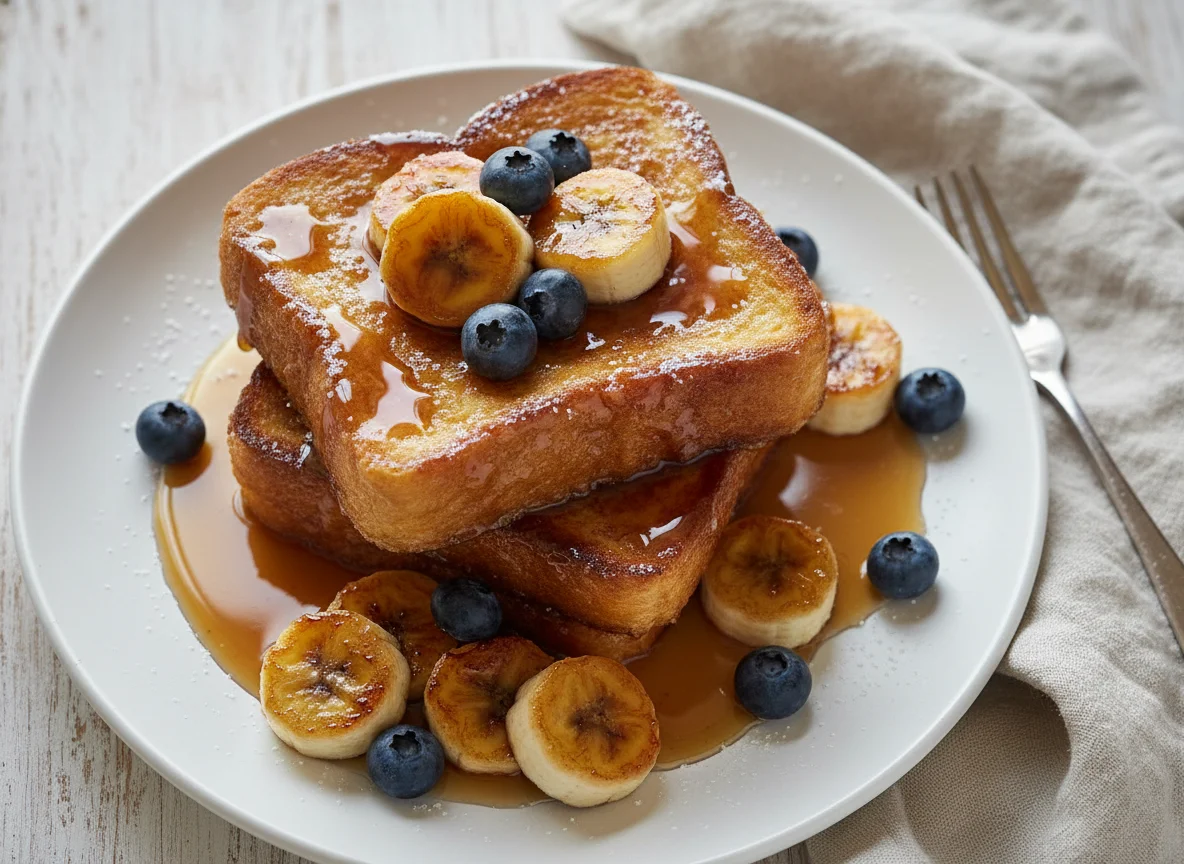 French Toast with Caramelized Bananas and Blueberries photo