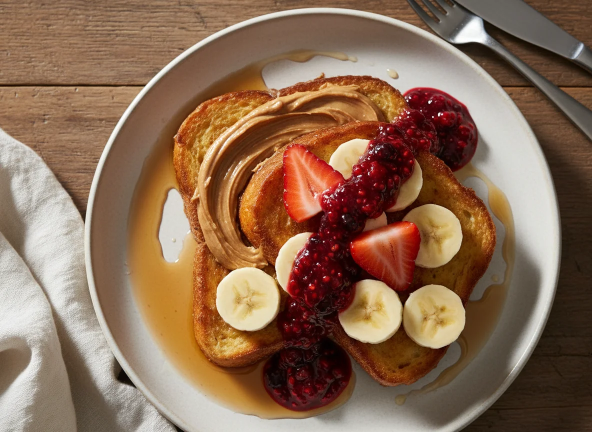 French Toast with Strawberries, Banana, Nut Butter, and Berry Coulis photo