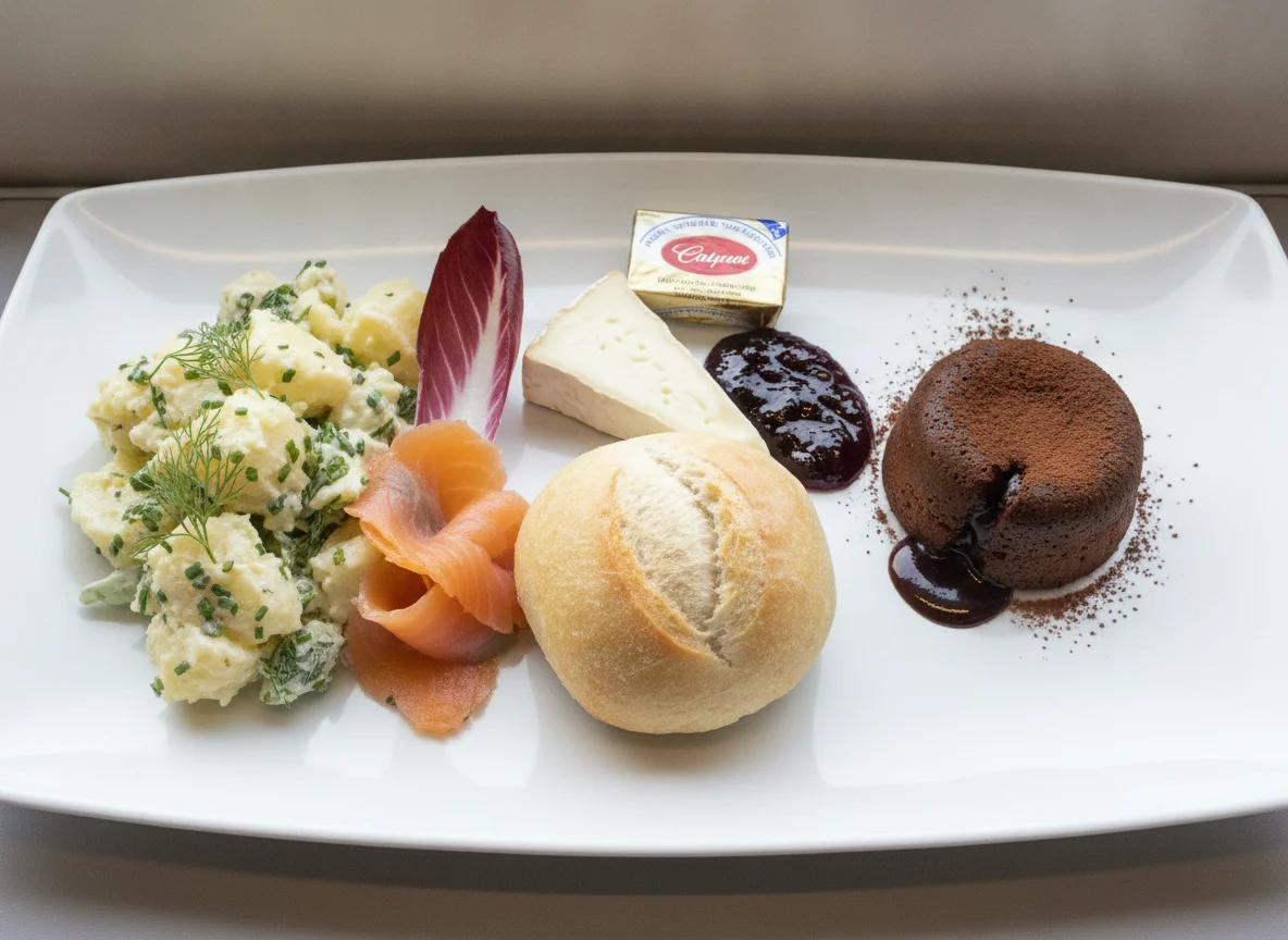 French train meal with potato salad, cheese, and chocolate cake photo