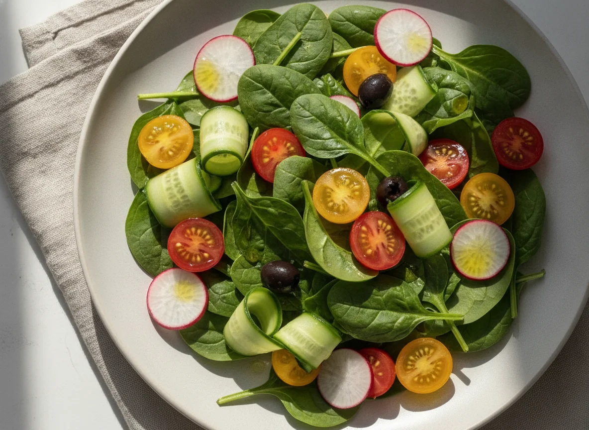 Fresh spinach salad with radish and tomato photo