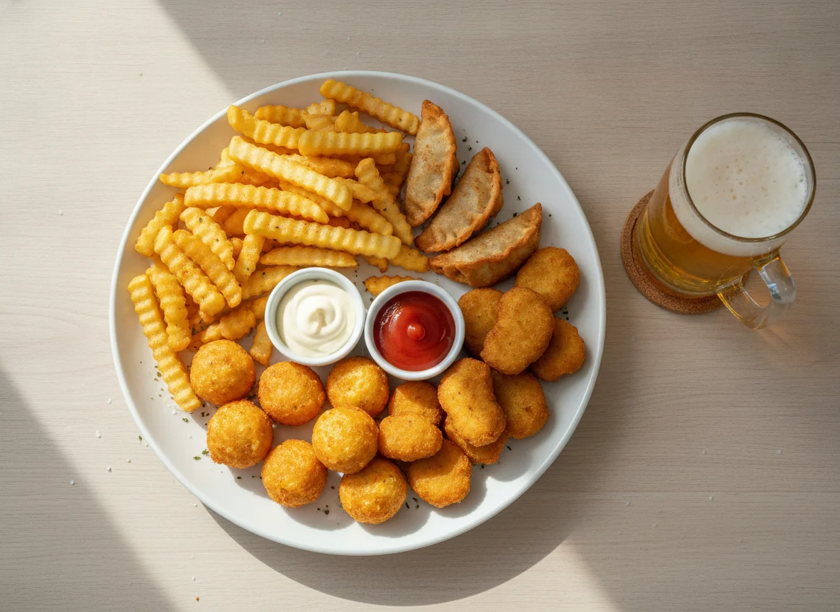 Fried appetizer platter with beer photo