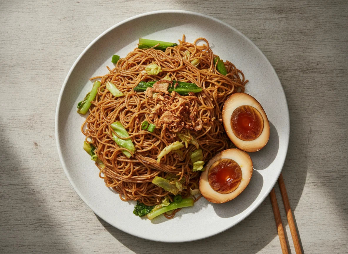Fried Bee Hoon with Cabbage and Braised Egg photo