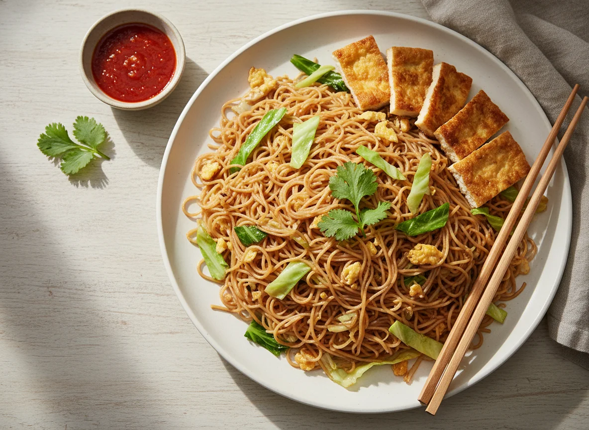 Fried Bee Hoon with Cabbage and Fried Tofu photo