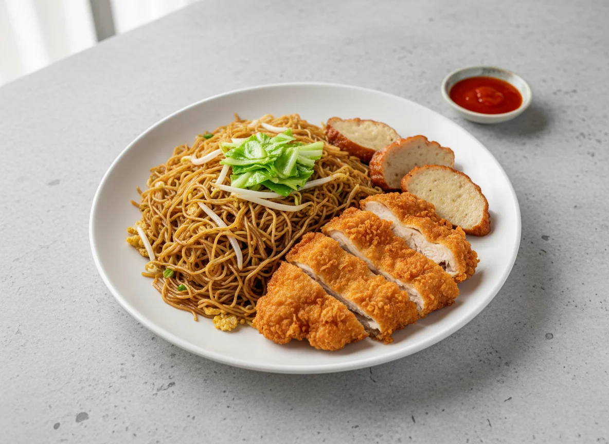 Fried Bee Hoon with Fried Chicken and Fishcake photo