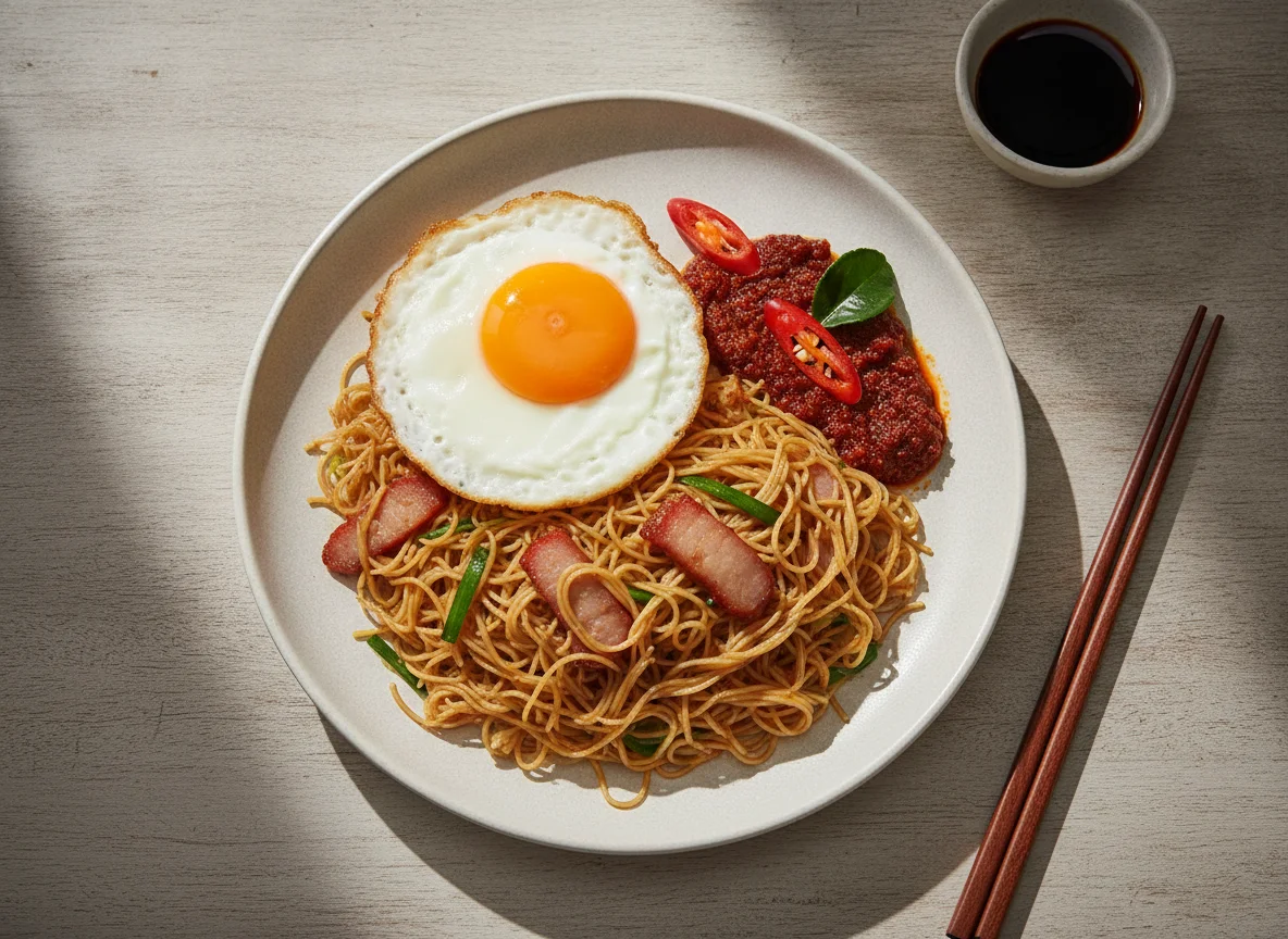 Fried Bee Hoon with Fried Egg and Chili Sauce photo