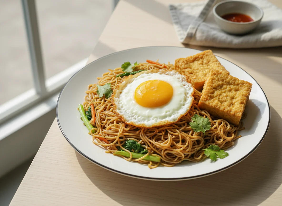 Fried Bee Hoon with Fried Egg and Fried Tofu photo