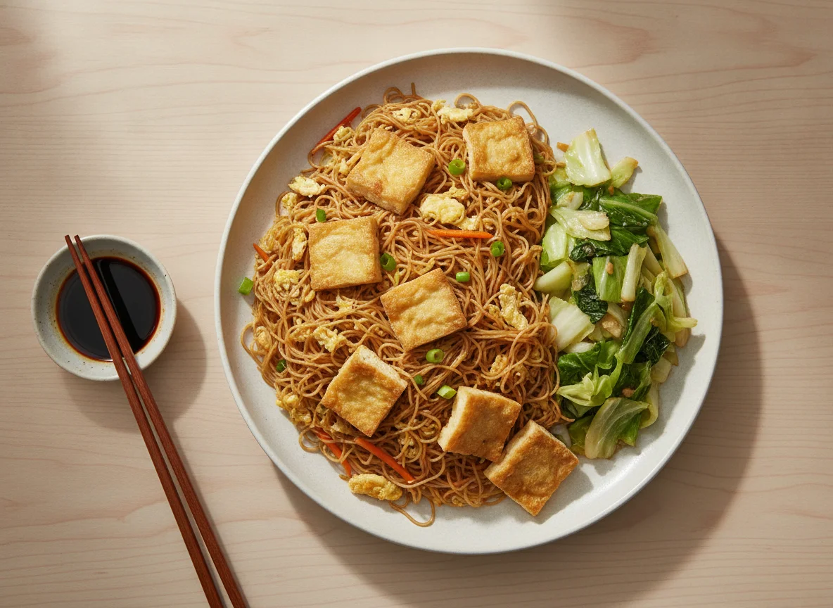 Fried Bee Hoon with Fried Tofu and Stir-fried Cabbage photo