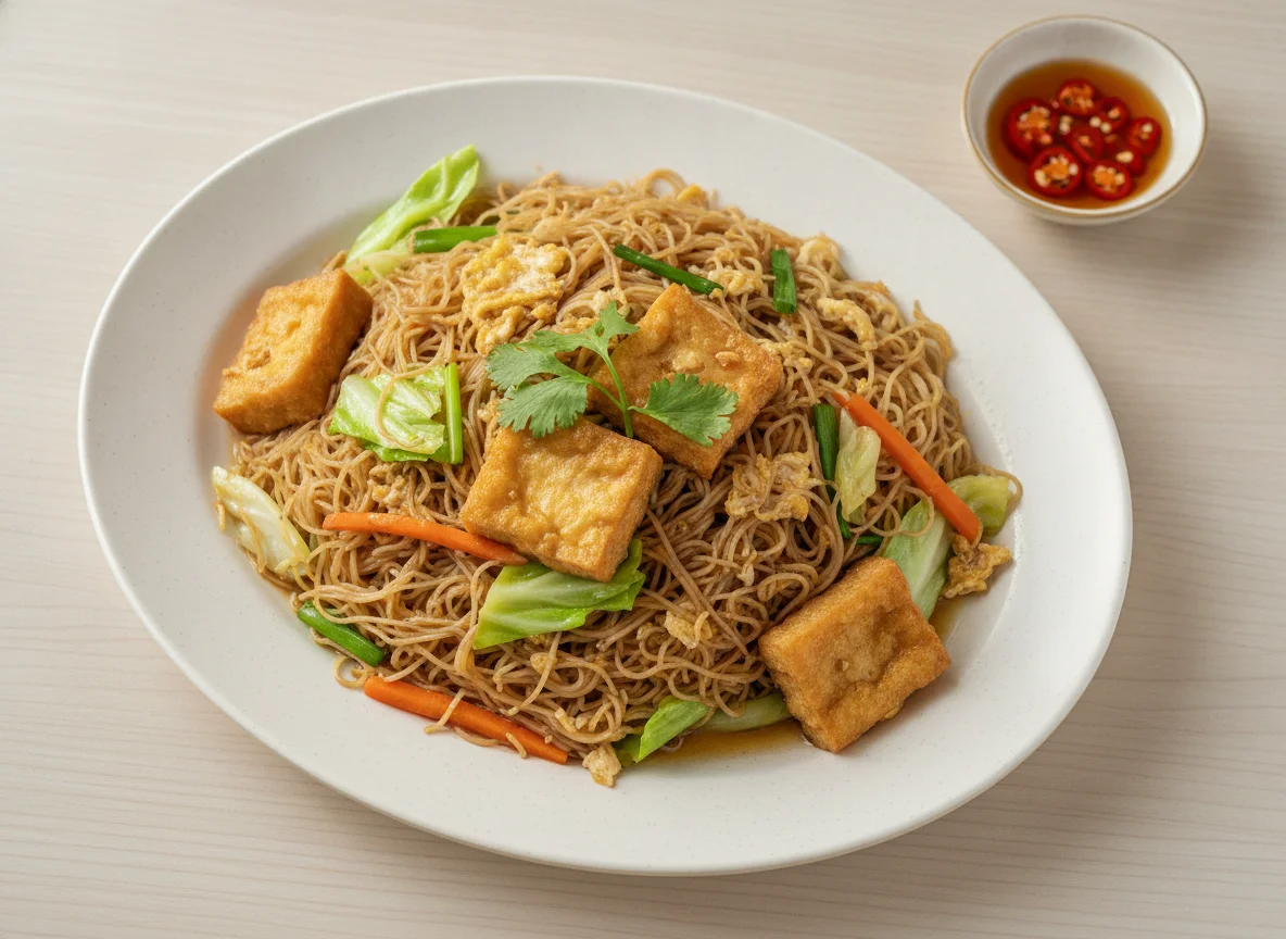 Fried Bee Hoon with Tofu Puffs and Cabbage photo